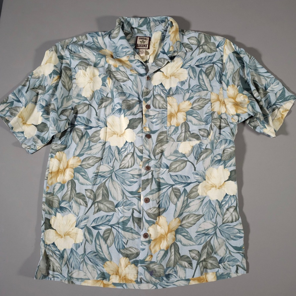 Tommy Bahama Shirt Mens Medium Blue Silk Floral Hibiscus Tropical Camp Button Up